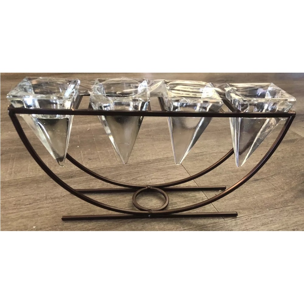 Candle Holder Art Deco Style Clear Glass Brown Metal 4 Tea Lights Excellent‎